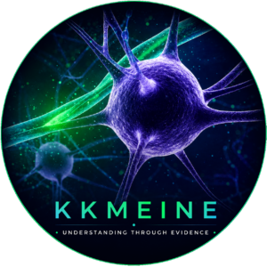 Site logo. Image of neurons in shades of purple and green. Name: K. K. Meine is at the bottom followed by "Understading through Evidence"
